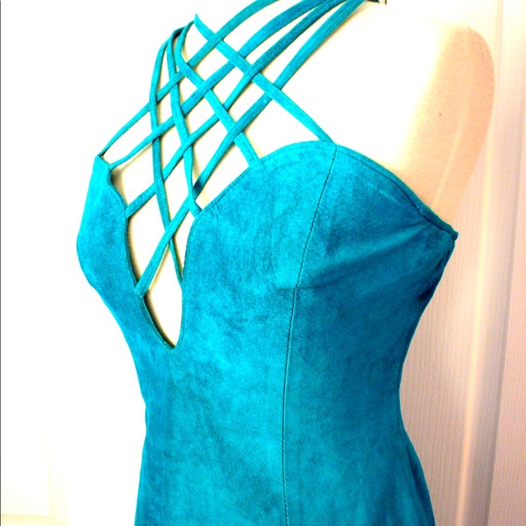 Vintage 1980s TEAL GREEN Suede Halter Mini Dress - Picture 4 of 13